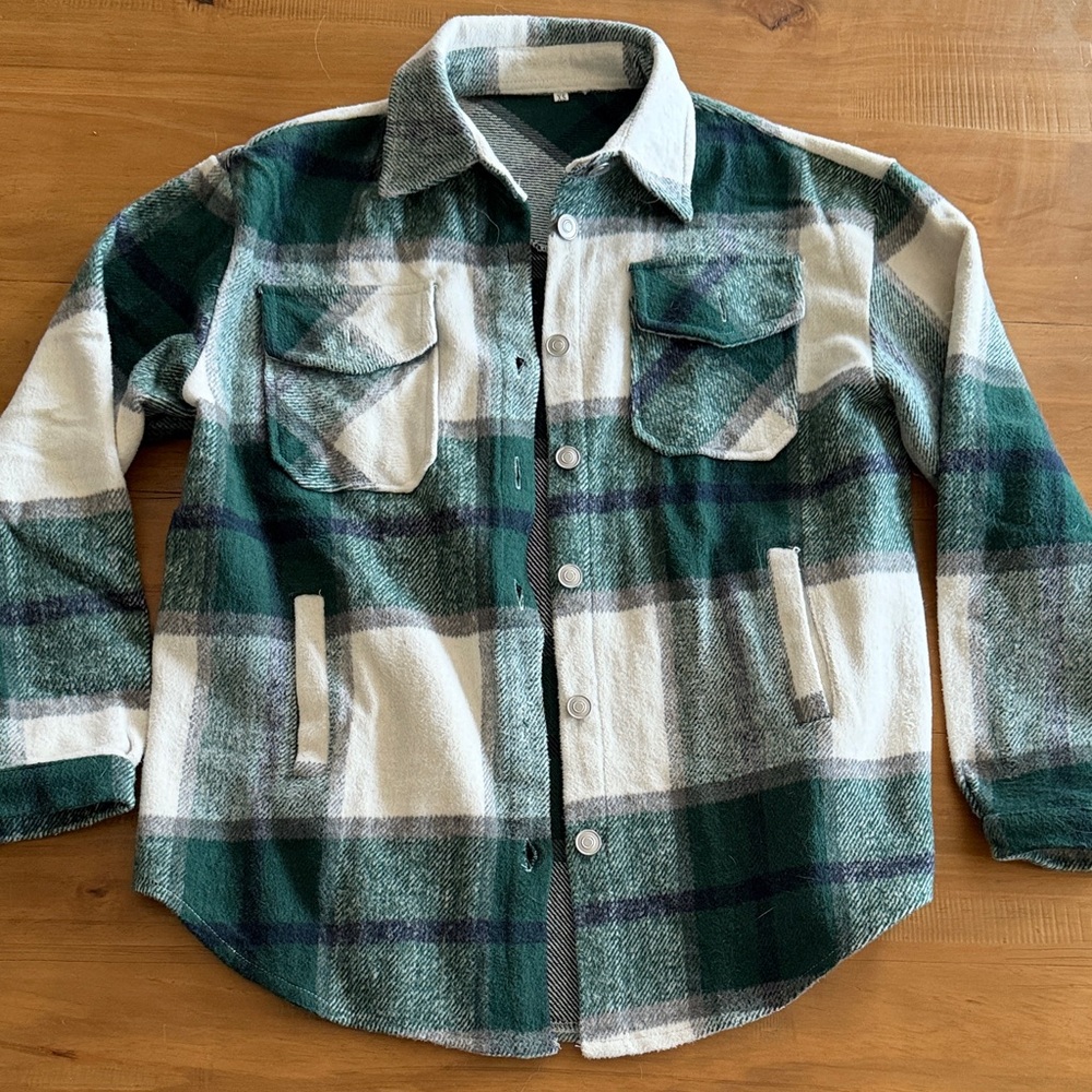 Green and White Plaid Button-Up Shacket
